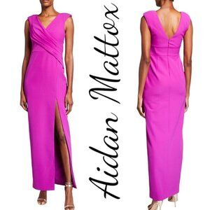 NWT AIDAN MATTOX Draped Sheath Evening Gown Fuchsia Magenta V-Neck, Size 2